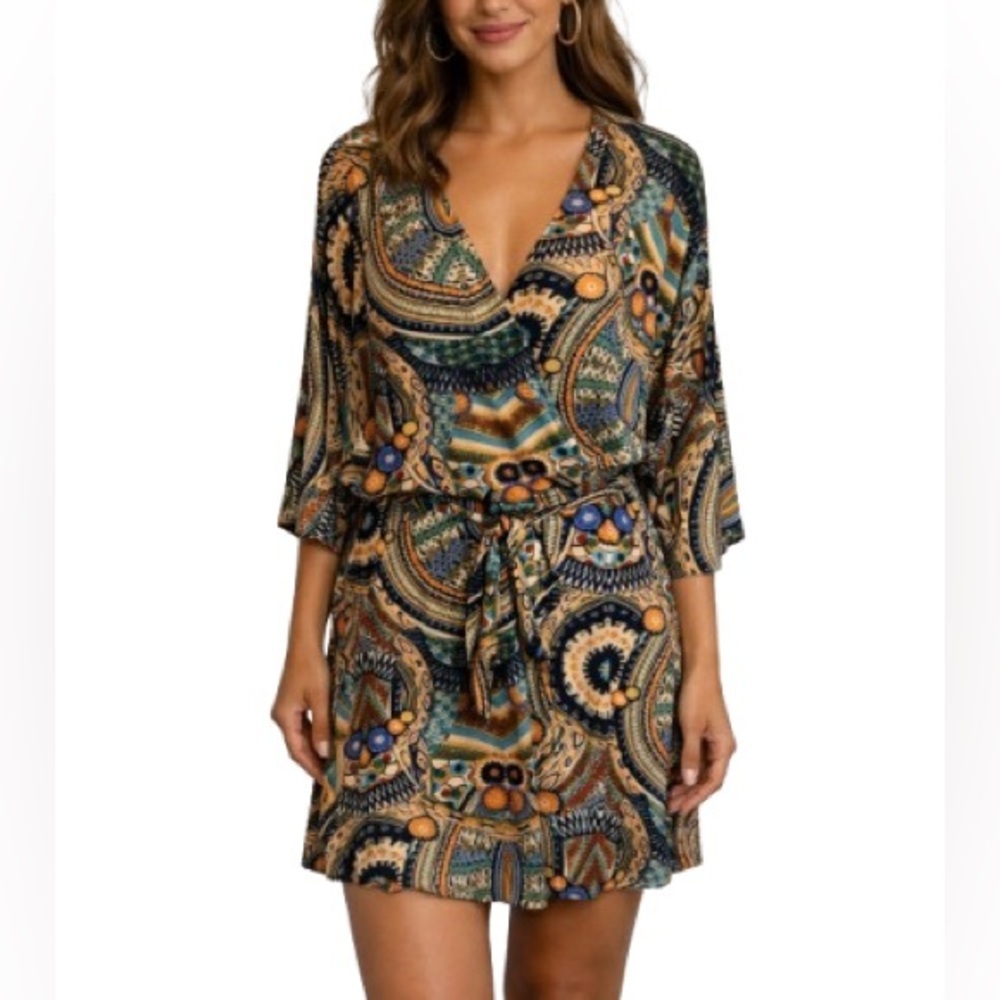 Veronica M Boho Paisley Stretch faux wrap dress Made in USA Tribal Print- MED